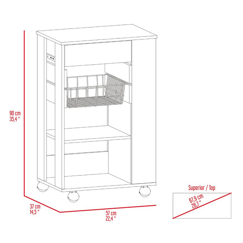 Kitchen Cart Sonex, One Drawer, Two Open Shelves, Four Casters, White / Light Oak Finish-7