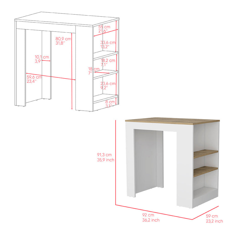 Kitchen Island Doyle, Three Side Shelves, White and Light Oak Finish-6