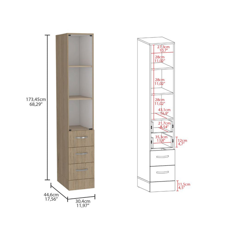 Linen Cabinet Epic, Three Shelves, Four Drawers, Light Pine / White Finish-6