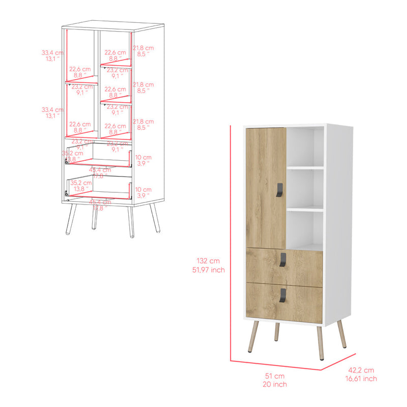 Tall Dresser Magness, Two Drawers, Three Shelves, White / Macadamia Finish-6