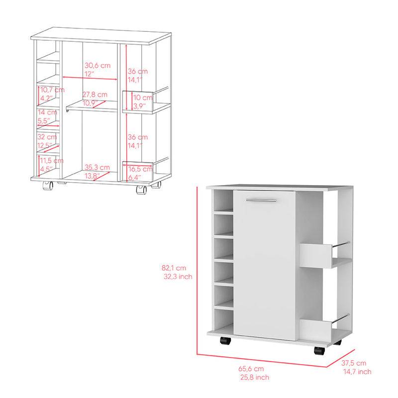 Bar Cart with Six-Wine Cubbies Cabot, Two-Side Storage Shelves and Casters, White Finish-6