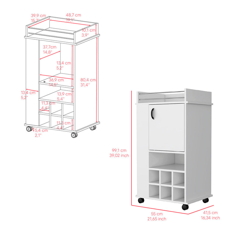 Bar Cart with Casters Reese, Six Wine Cubbies and Single Door, White Finish-6