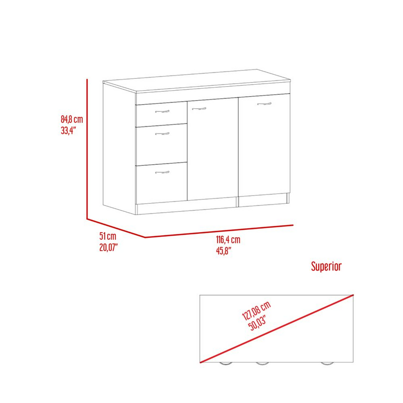 Kitchen Island Cabinet Metask,Three Drawers, White / Dark Walnut Finish-7