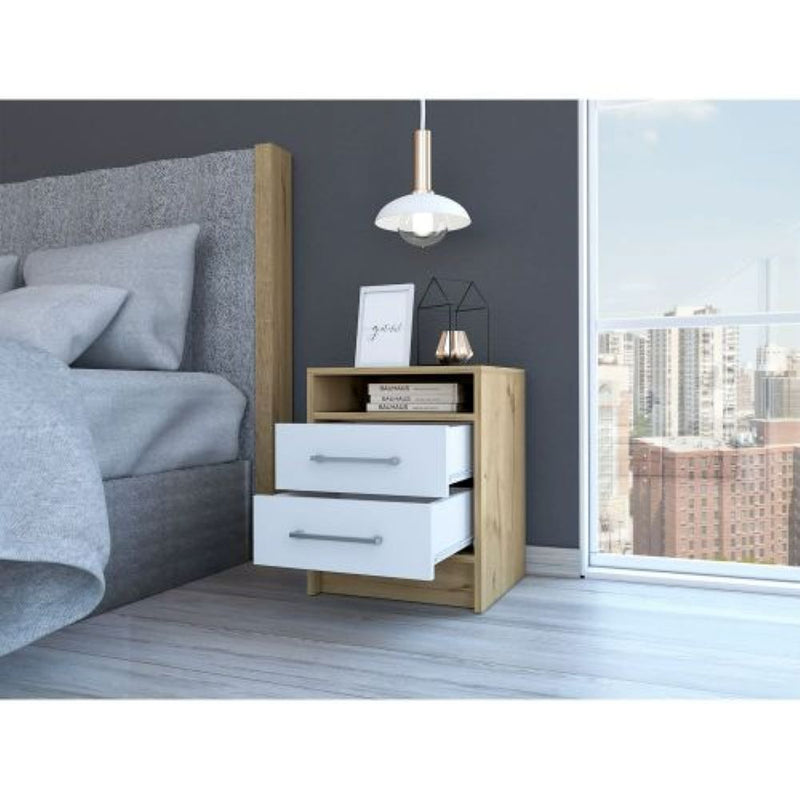 Nightstand Cartiz, Two Drawers, White / Light Oak Finish-1