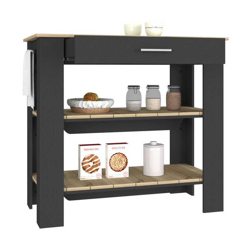 Kitchen Island 40 Inches Dozza, Two Shelves, Black Wengue / Light Oak Finish-4