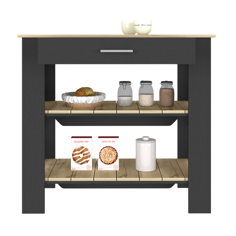 Kitchen Island 40 Inches Dozza, Two Shelves, Black Wengue / Light Oak Finish-5