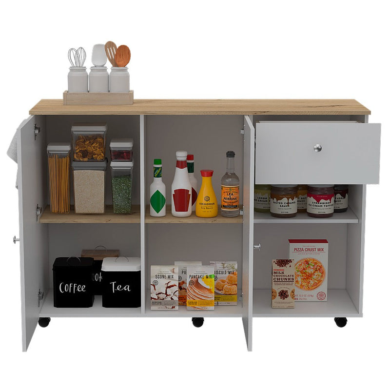 Kitchen Island Cart Indiana, Four Interior Shelves, White / Light Oak Finish-6