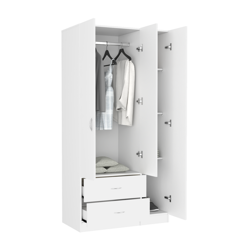 Three Door Armoire Clark, Metal Rod, White Finish-3