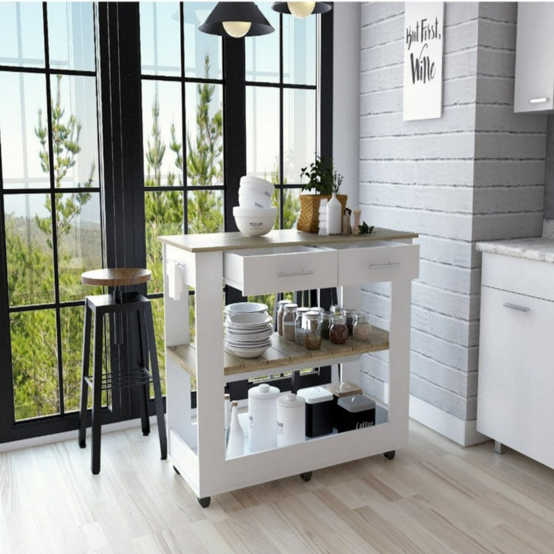 Kitchen Island 46 Inches Dozza, Two Drawers, White / Light Oak Finish-1