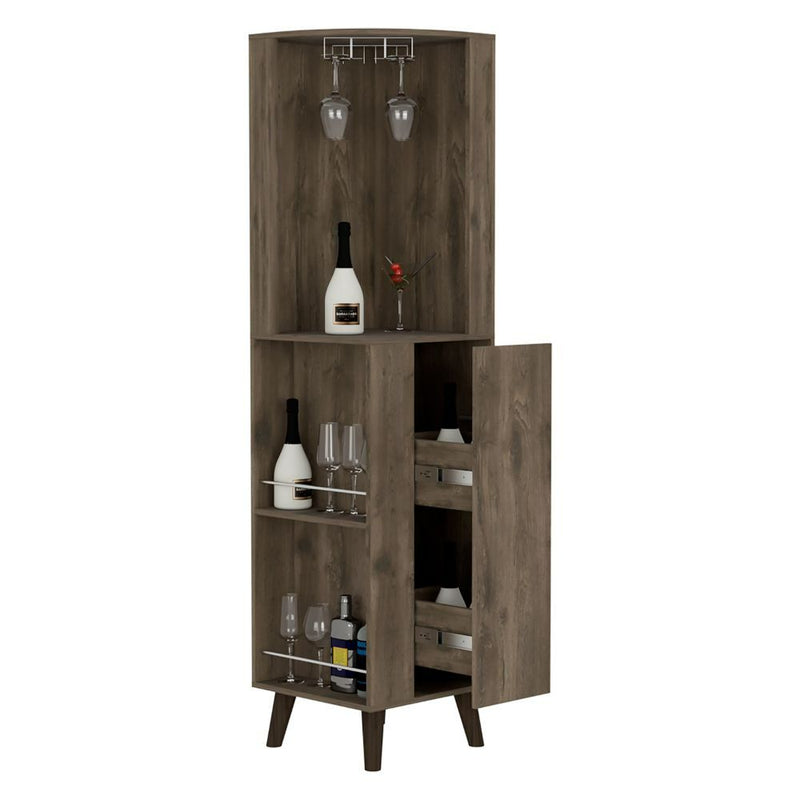 Corner Bar Cabinet Plex, Cup Rack, Two External Shelves, Dark Brown Finish-5