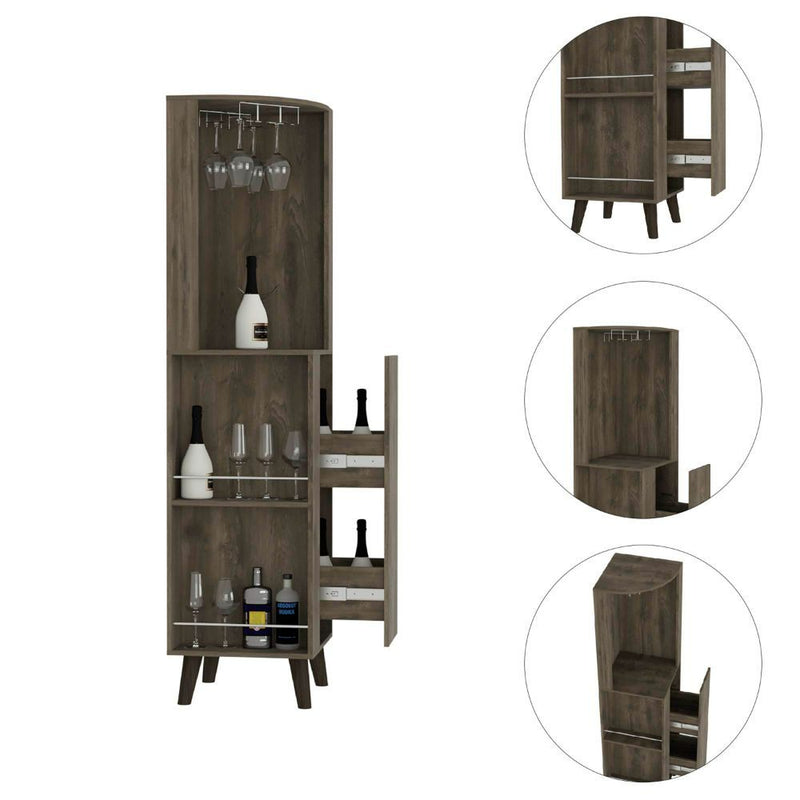 Corner Bar Cabinet Plex, Cup Rack, Two External Shelves, Dark Brown Finish-2