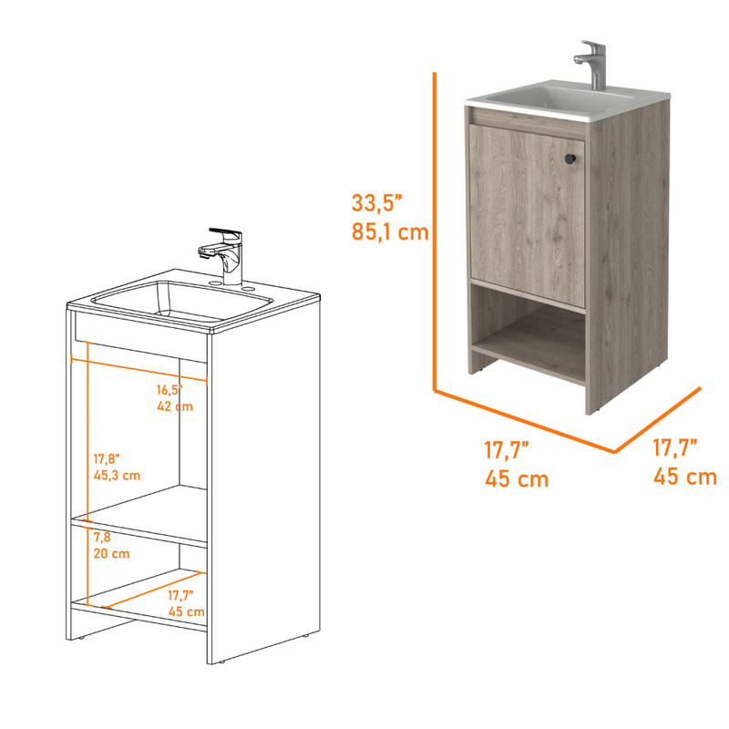 Bathroom Vanity Poket, Single Door Cabinet, Two Shelves, Light Gray Finish-5