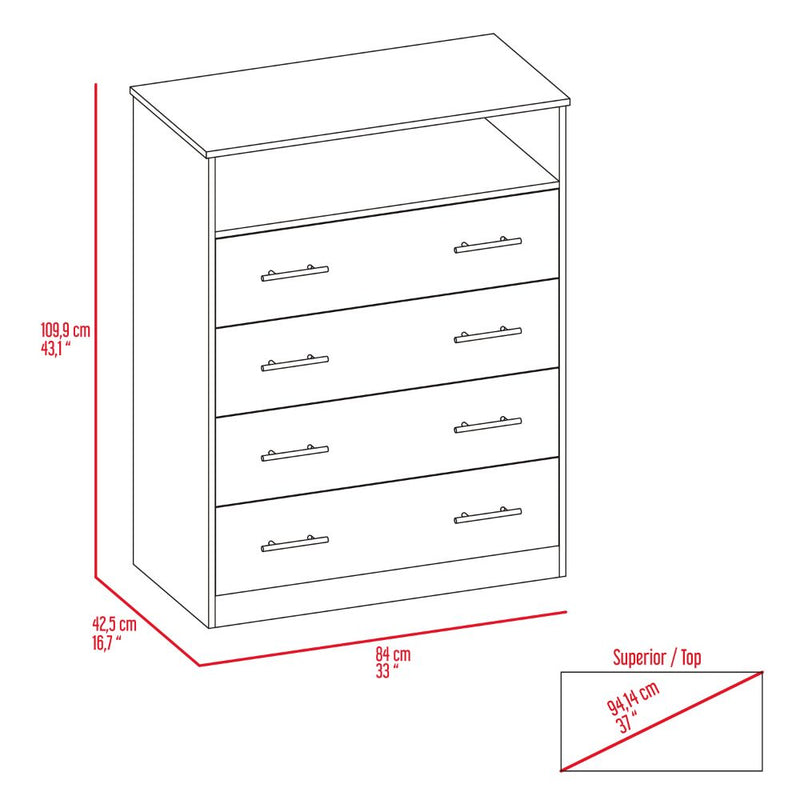 Four Drawer Dresser Wuju, One Shelf, White Finish-7