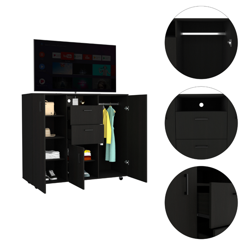 Double Door Cabinet Dresser Quizz, Two Drawers, Single Cabinet, Rod, Black Wengue Finish-6