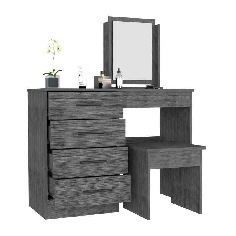 Makeup Dressing Table Roxx, Four Drawers, One Mirror, Stool, Smokey Oak Finish-3