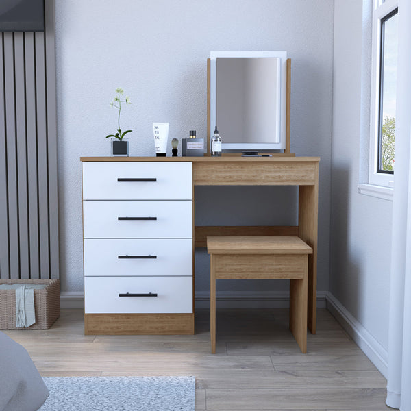 Makeup Dressing Table Roxx, Four Drawers, One Mirror, Stool, Pine / White Finish-0