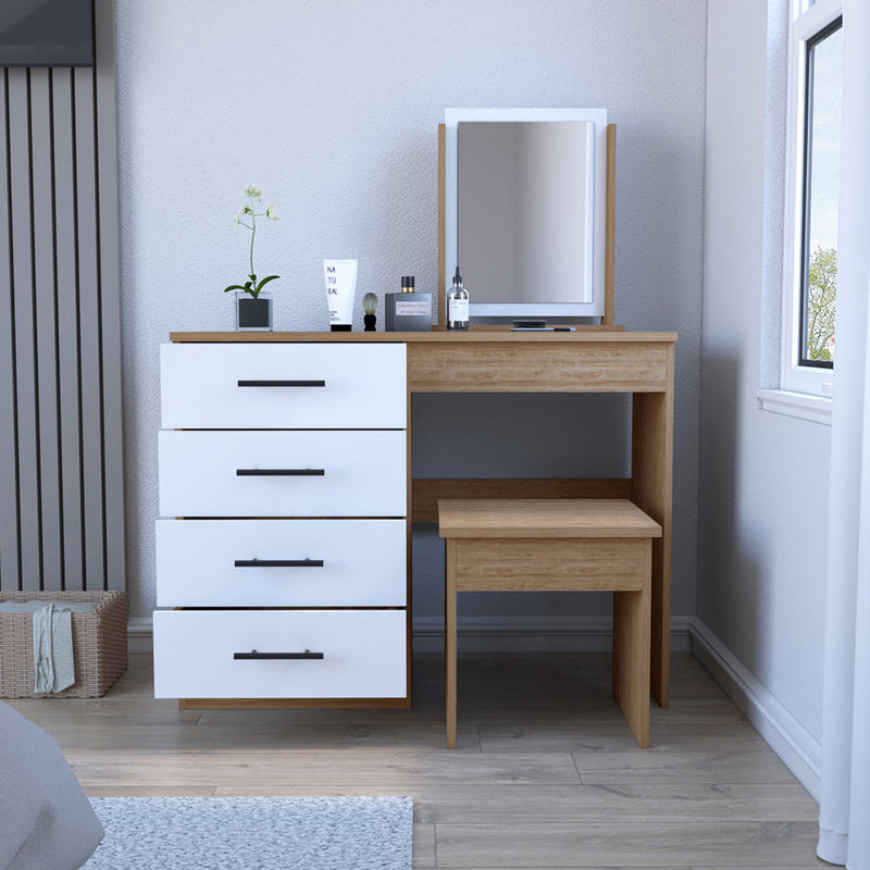 Makeup Dressing Table Roxx, Four Drawers, One Mirror, Stool, Pine / White Finish-1