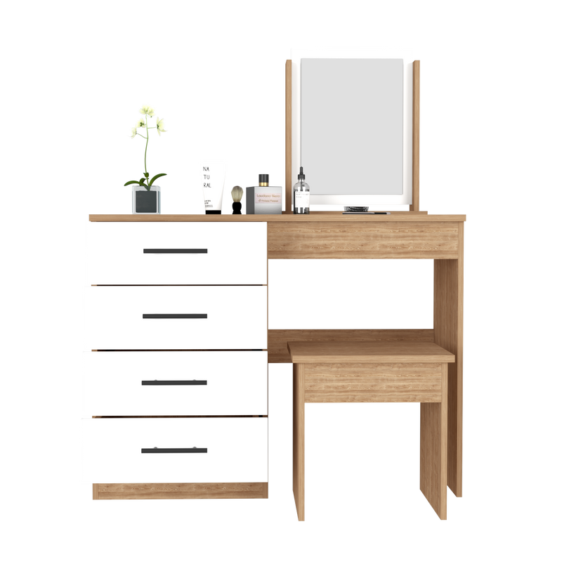 Makeup Dressing Table Roxx, Four Drawers, One Mirror, Stool, Pine / White Finish-2