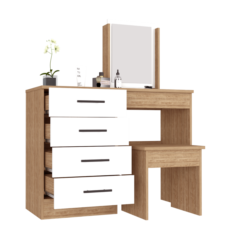 Makeup Dressing Table Roxx, Four Drawers, One Mirror, Stool, Pine / White Finish-3