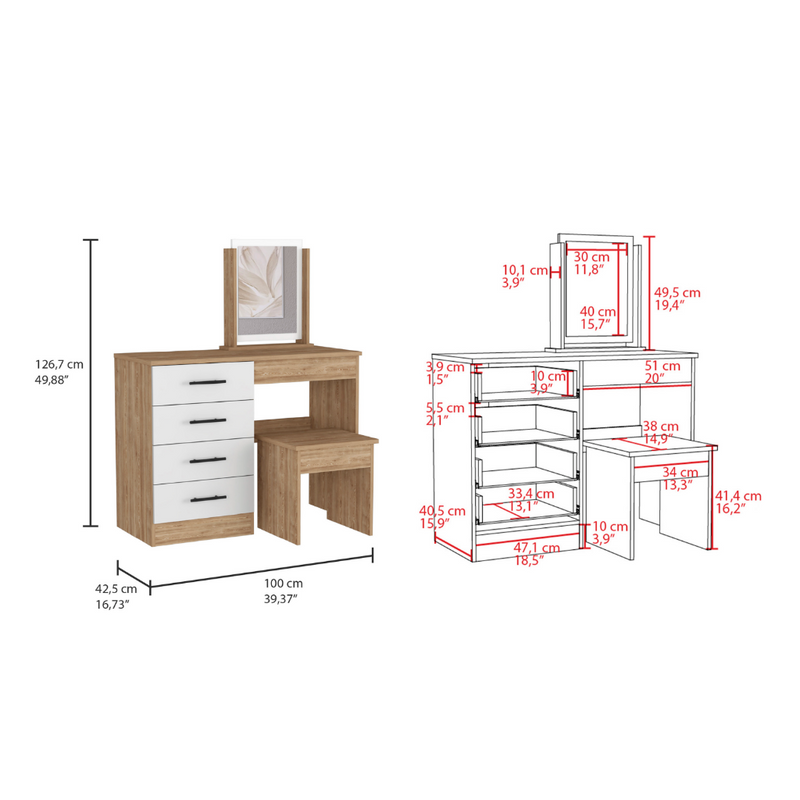 Makeup Dressing Table Roxx, Four Drawers, One Mirror, Stool, Pine / White Finish-4