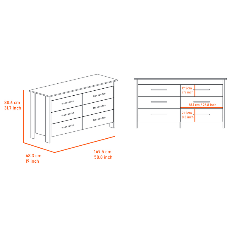 6 Drawer Double Dresser Wezz, Four Legs, Superior Top, White Finish-5