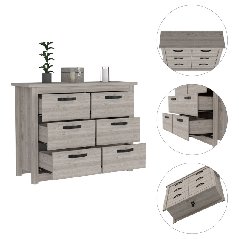 6 Drawer Double Dresser Toret, Metal Hardware, Light Gray Finish-6