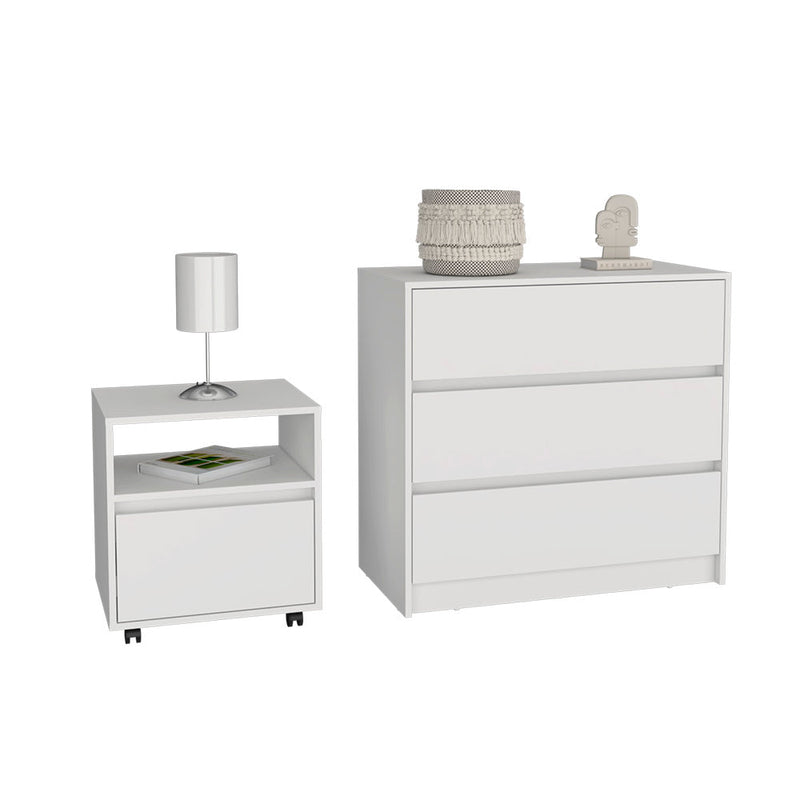 Milford 2 Piece Bedroom Set, Nightstand + Dresser, White Finish-1