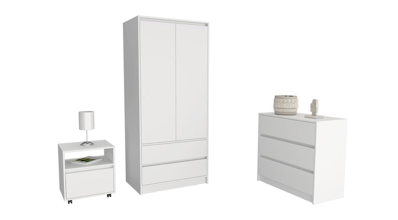 Beloit 3 Piece Bedroom Set, Nightstand + Dresser+ Armoire, White Finish-1