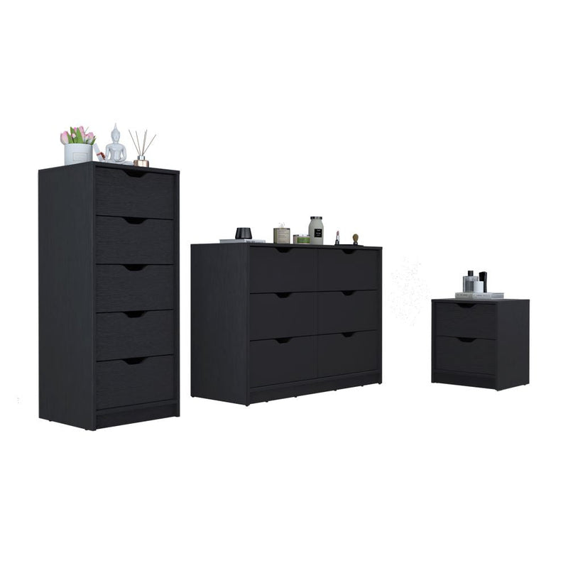 Stockley 3 Piece Bedroom Set, Nightstand + Dresser + Dresser Narrow, Black Wengue Finish-1