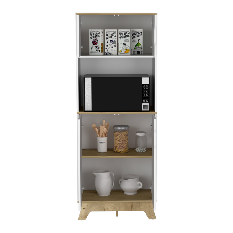 Microwave Tall Cabinet Wallas, Counter Surface, Top- Lower Double Doors, Light Oak / White Finish-2