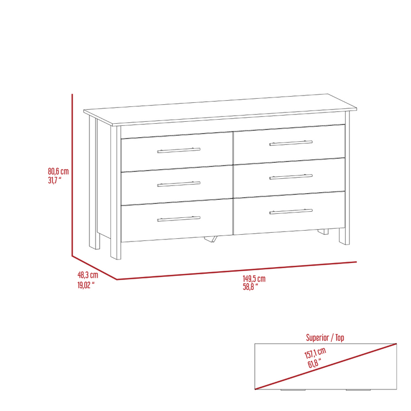 6 Drawer Double Dresser Wezz, Four Legs, Superior Top, Light Gray Finish-7