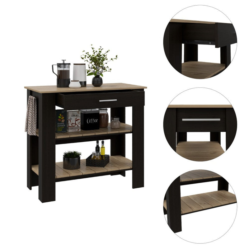 Kitchen Island 40 Inches Dozza, Two Shelves, Black Wengue / Light Oak Finish-2