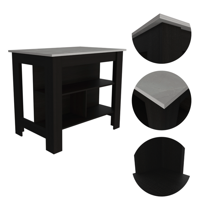 Kitchen Island Dozza, Three Shelves, Black Wengue / Ibiza Marble Finish-4