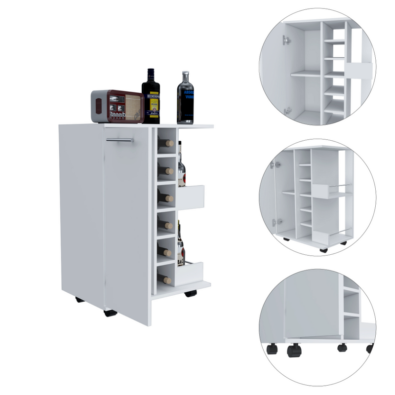 Bar Cart Wells, Four Casters, Six Wine Cubbies, Single Door Cabinet, White Finish-6