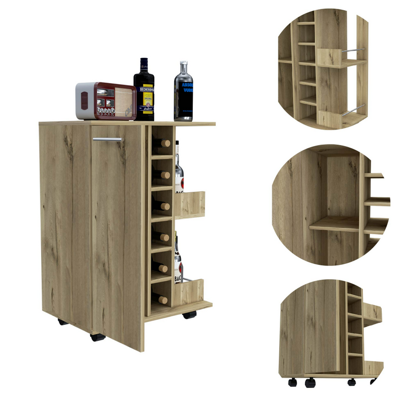 Bar Cart Wells, Four Casters, Six Wine Cubbies, Single Door Cabinet, Light Oak Finish-6