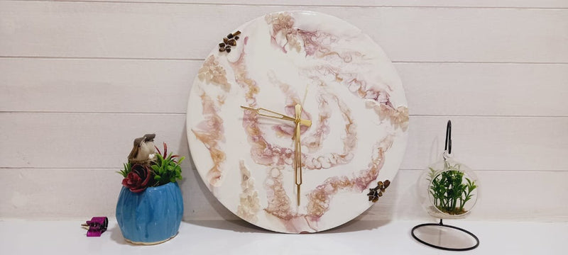 White And Pink Abstract Epoxy Resin Wall Clock For Home Decor-0