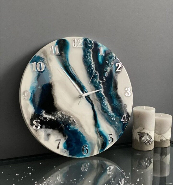 White Grey and Blue Abstract Epoxy Resin Wall Clock For Home Decor-0