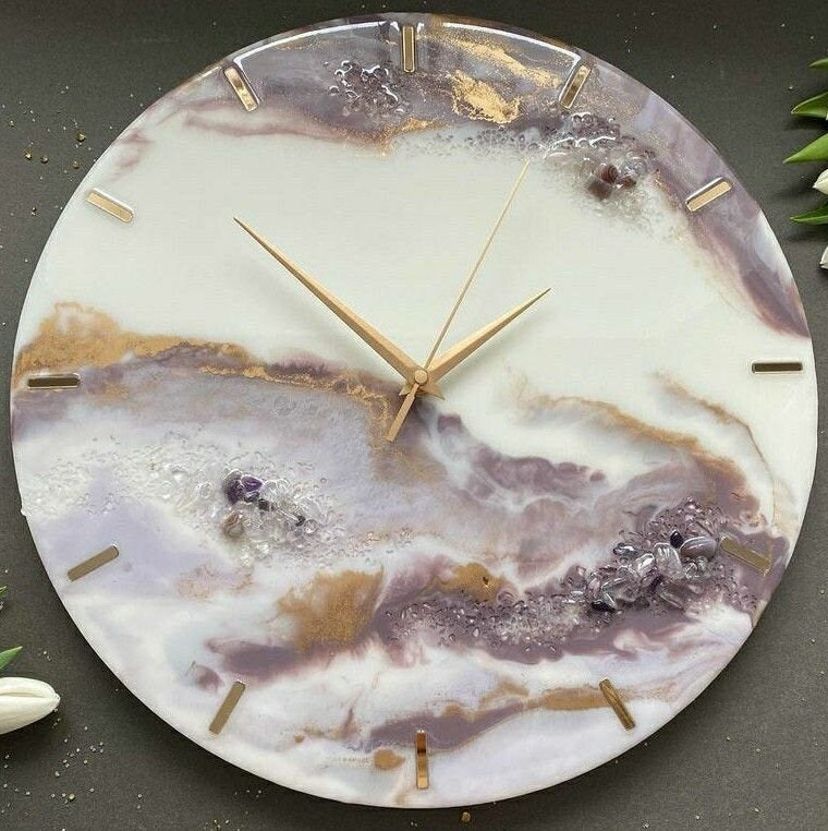 Purple And Golden Abstract Epoxy Resin Wall Clock For Home Decor-0