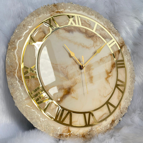 Ivory And Golden Abstract Epoxy Resin Wall Clock For Home Decor-0