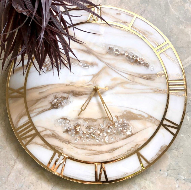 White and Gold Geode Abstract Epoxy Resin Wall Clock For Home Decor-0