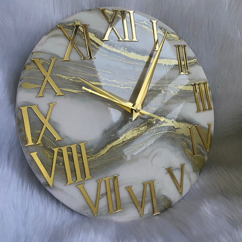 White And Golden Abstract Epoxy Resin Wall Clock For Home Decor-0