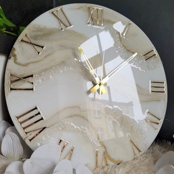 White and Golden Abstract Epoxy Resin Wall Clock For Home Decor-0