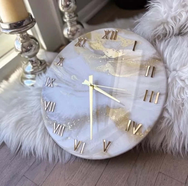 White and Golden Abstract Epoxy Resin Wall Clock For Home Decor-0