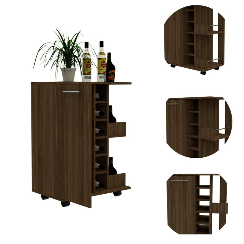 Bar Cart Wells, Four Casters, Dark Walnut Finish-2